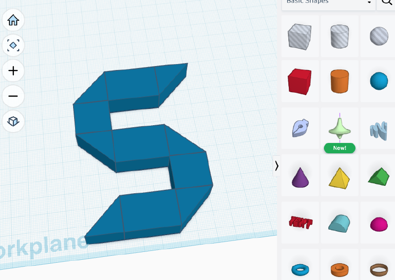TinkerCAD workspace with the letter S made from squares and triangles